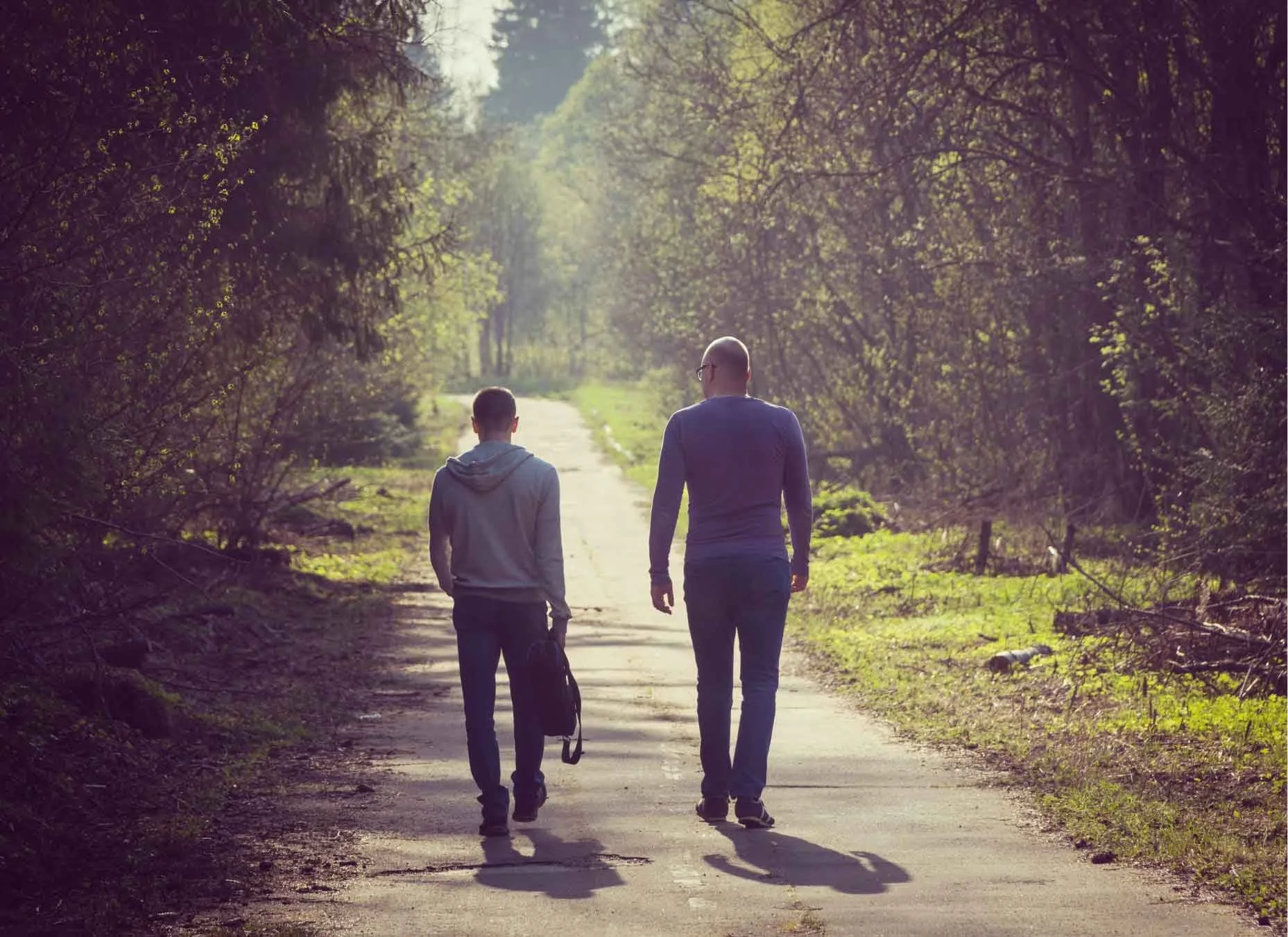 Two figures walking side-by-side along a woodland path, dappled sunlight on the path ahead, symbolic of collaborative therapeutic movement outdoors